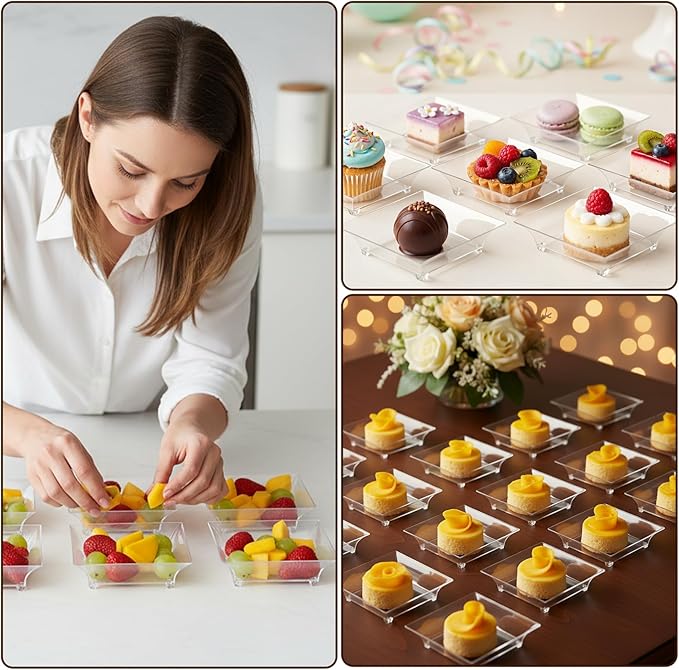 SHENLIU 300 Pcs 1oz Mini Clear Dessert Plates, 2.4 x 2.4 Inch Disposable Square Plastic Appetizer Plates Small Clear Dish for Dessert Salad Appetizer Sauces Tastings Cake Wedding Party Serving