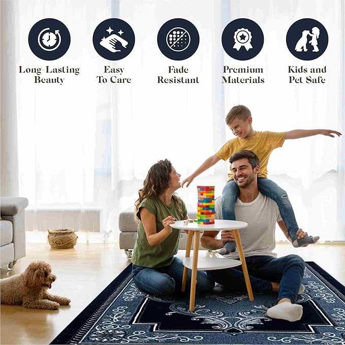 Modern 5x7 Navy Traditional Living Room Rug - Area Rugs for Living Room, Dining & Bedroom - Hand Carved Runner Carpet - Durable Polyester - Non-Fade, Stain-Resistant - Turkish Made