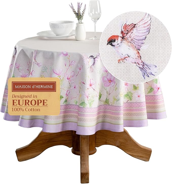Maison d' Hermine Table Cloth Round Table 100% Cotton 63 Round Inches Tablecloth Reusable Decorative for Dining Room Farmhouse Home Valentines Day Decorations Spring Summer - Magnolia Mornings
