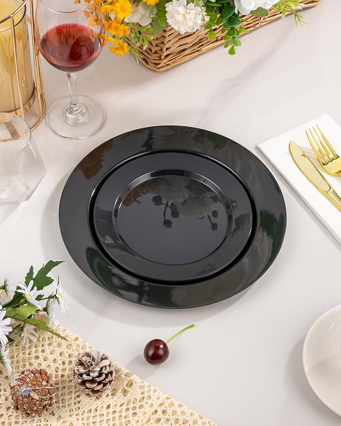 BESTVIP 50PCS Black Plastic Plates, 10.25 Inch Disposable Dinner Plate Party, Heavy Duty Disposable Plastic Plates - Ideal for Parties, Wedding and Birthday, Everyday Meals Use