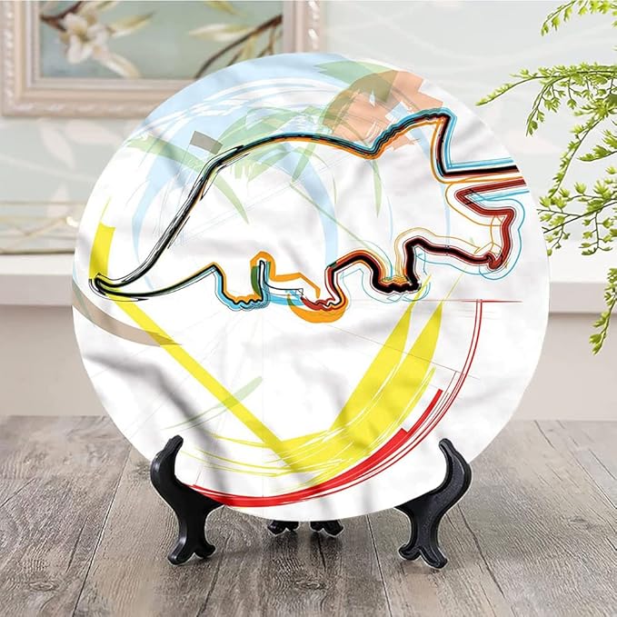 Ceramic Display Plate, Dinosaur Ceramic Hanging Decorative Plate, Triceratops Sketch Lines, 8 Inch, Household Custom Ceramic Plate, Multicolor