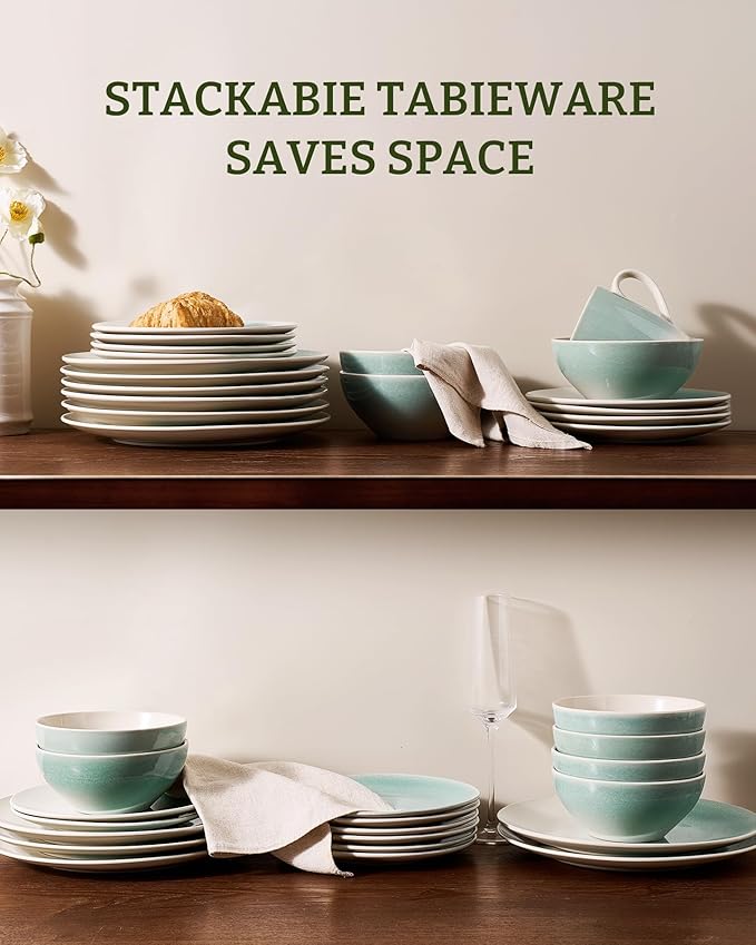 Famiware Glacier Dinnerware Sets, Plates and Bowls Dish Sets for 8 (24 Pieces), Stoneware Tableware - Dishwasher and Microwave Safe, Handcrafted Reactive Glaze, Aqua