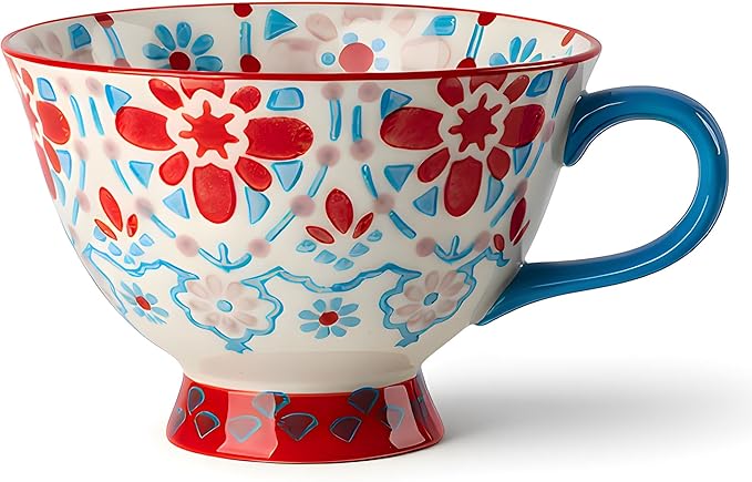 25oz Ceramic Soup Bowl with Handle – Handcrafted Floral Pottery Cereal & Ramen Bowl – Large Microwave & Dishwasher Safe Decorative Bowl for Everyday Use or Gift (Crimson Frost, 17oz)