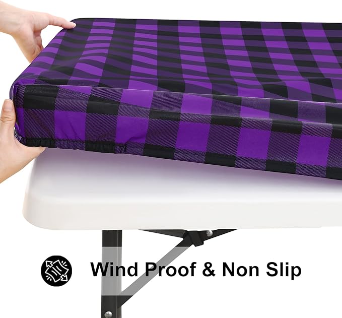 Smiry Rectangle Picnic Table Cloth, Elastic Waterproof Fitted Vinyl Tablecloths, Flannel Backed Buffalo Plaid Table Covers for Dining, Camping, Outdoor (Black and Purple, 30" x 96")