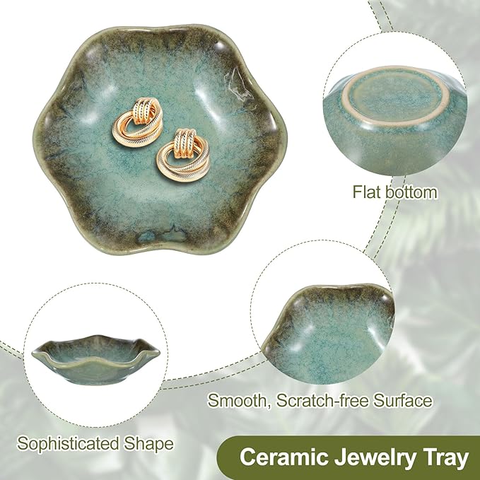 uxcell 2Pcs Ceramics Jewelry Plate, Lotus Leaf Shape Key Holder Bowl for Entryway Table Decor Small Ring Tray Dish Gift for Women Girlfriend, Pink/Green