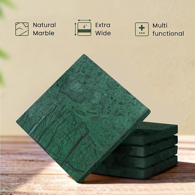 Natural Marble Coasters, Square Costers, Luxury Aesthetic Modern Decor for Coffee Table Bar Kitchen Home, Green Marble, Real Natural Semi Absorbent Stone Coasters