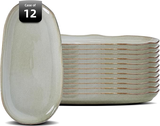 Organic Shape Highland Ceramic Serving Tray, 12pcs 13×7inch Handmade Reactive Glaze Stoneware Tray with Wavy Edge, for Kitchen, Microwave & Dishwasher Safe, Scratch Resistant-Grey
