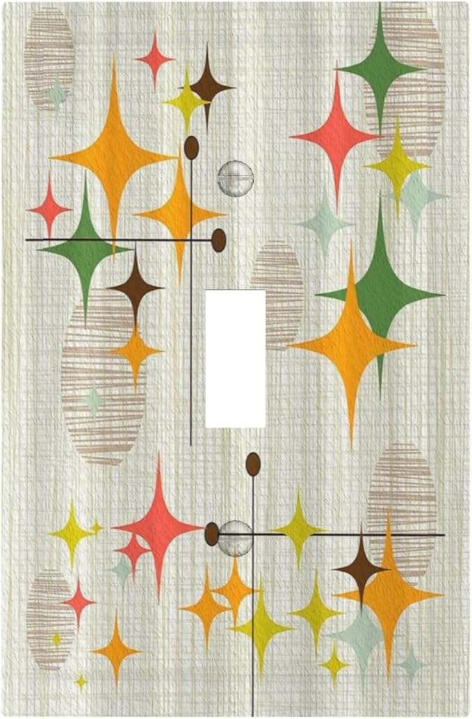 Decorative Light Switch Cover Mid Century Modern Retro Stars 1 Gang Wall Plate Cover Single Toggle Outlet Covers Switchplate Electrical Faceplate for Bathroom Bedroom Decor（2 Pack）