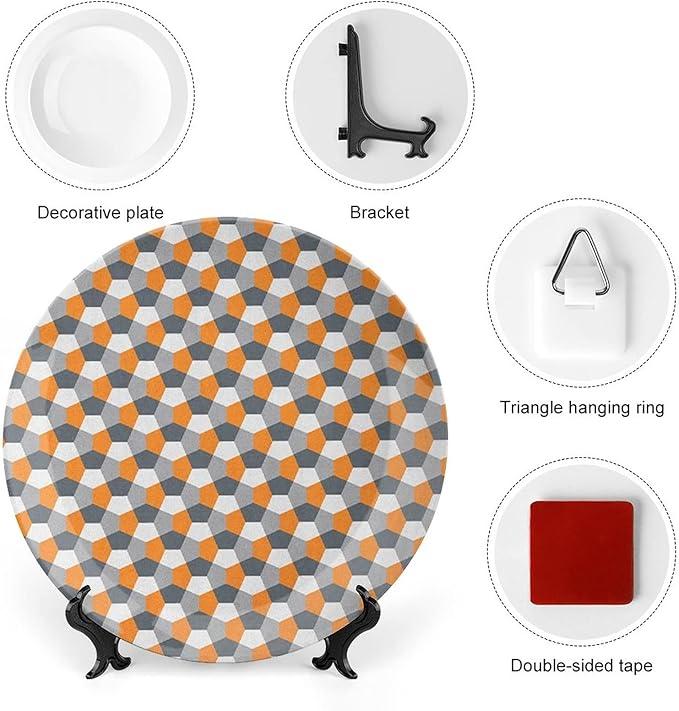 Ceramic Display Plate, Abstract Ceramic Hanging Decorative Plate, Modern Style Mosaic Tile with Hexagonal Shapes, 7 Inch, Living Room Kitchen Decoration Household, Grey Charcoal Grey Orange
