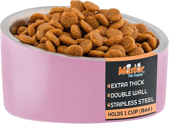 Master Pet Supply Stainless Steel Slanted Dog Cat Food Bowl - 8 oz Heavy Duty - Hyper Pink, Double Wall Insulated, Non-Slip Elevated Bowl for French Bulldogs Pugs Cats, Anti Rust Dishwasher Safe
