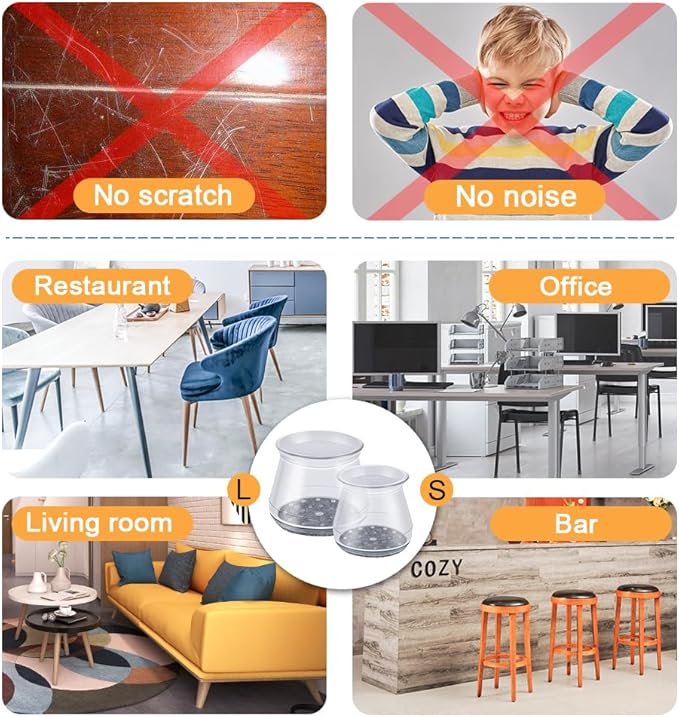 16 Pcs Chair Leg Floor Protectors - Silicone Felt Pads, Scratch-Proof & Noise-Free, Easy Smooth Moving, Large Size (Fits Round Chair Legs: 1-5/16" to 2" Diameter)