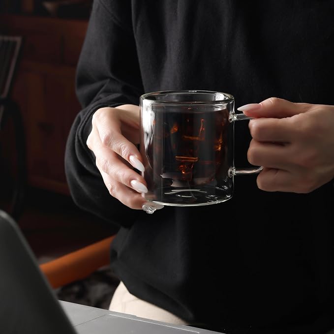 NIRA.Z 12 OZ Double Walled Glass Coffee Mugs Set of 2 Clear Coffee Cups - Image 7