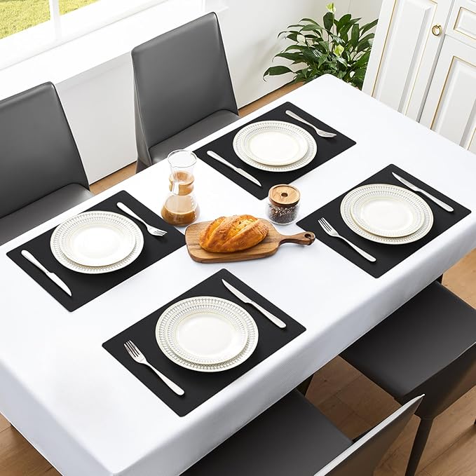 MOSAYT Vinyl Placemats Set of 6, Heat Resistant Place Mats 100% Waterproof Washable & Wipeable Faux Leather Reversible Table Mats for Kitchen Dining Party Indoor Outdoor, 12" x 17", Black