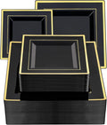 Goodluck 100 Black Pack Square Plastic Plates With Gold Rim, Heavy Duty 50 Dinner Plates 9.5" and 50 Dessert Plates 6.5", Fancy Disposable Plates for Wedding, Holiday Party, Birthday, Halloween