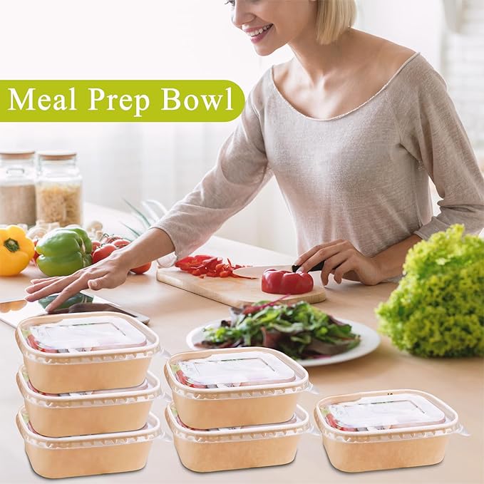 MINCOCO 50 Count Disposable Paper Bowls with Lids Meal Prep Containers 【Includes 50 Wooden Forks + 100 Labels】 Salad Food Containers Freezer & Microwave Safe Leakproof Soup Bowls (25 Ounce, 50-Count)