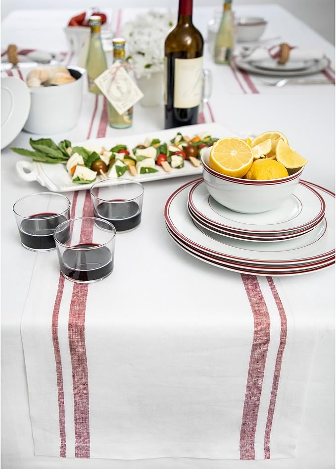 Solino Home 100% Linen Table Runner, 14 x 60 in, Burgundy and White Striped | - Image 2