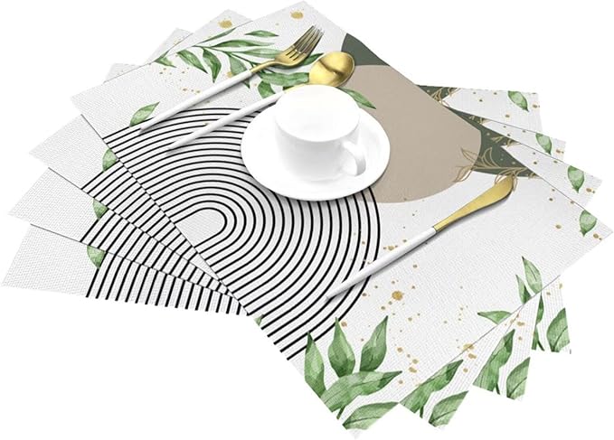 Boho Sage Green Placemats Abstract Bohemian Mid Century Modern Gold Leaves Plant Olive Grey Minimalist Washable Place Mats 12x18Inch for Dining Kitchen Farmhouse Decor 4 PCS