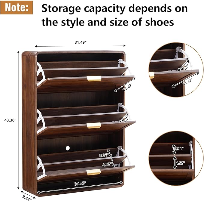 Narrow Hidden Shoe Organizer Cabinet Storage for Entryway, Modern Slim and Skinny Shoe Rack Cabinet with Flip Drawers for Entrance, Hallway - Walnut