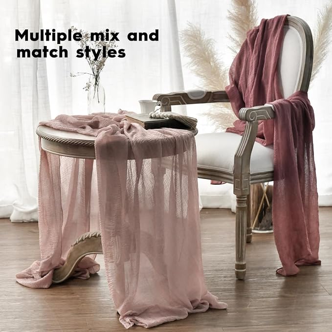 Artoid Mode Boho Cheesecloth Gauze Dusty Pink Wedding Table Runner, 160 Inch - Image 4