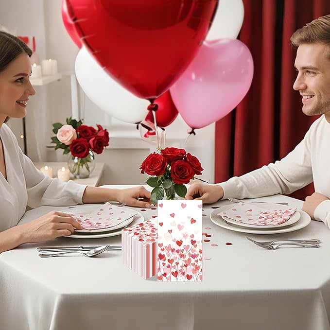 Valentines Day Paper Napkins - 100 Pcs 7.9 x 4.3 In Pink Red Heart Decorative Napkin Sets Disposable, Dinner Guest Party Decorations Supplies Decor for Couples Anniversary Wedding Engagement