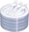 DaYammi 240Pcs Silver Dessert Plates Set Includes 120 Disposable Cake Plates 6.5" 120 Plastic Forks 5.7", Clear Silver Plastic plates, Fancy Appetizer plates for Party and Wedding Birthday