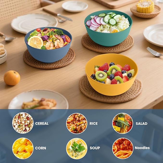 Wheat Straw Bowl 26oz, Unbreakable Cereal Bowls Set of 6, Lightweight Soup & Ramen Bowl, Microwave & Dishwasher Safe Kitchen Bowls for Party, RV, Camping, Picnic - Multi