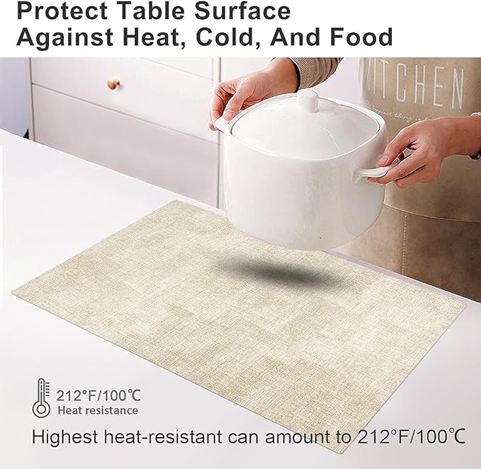 Leather Heat Resistant Placemats Set of 6 Waterproof Wipeable Washable PU Table Mats,Easy to Clean Anti-Slip Place Mats (Beige, 6)