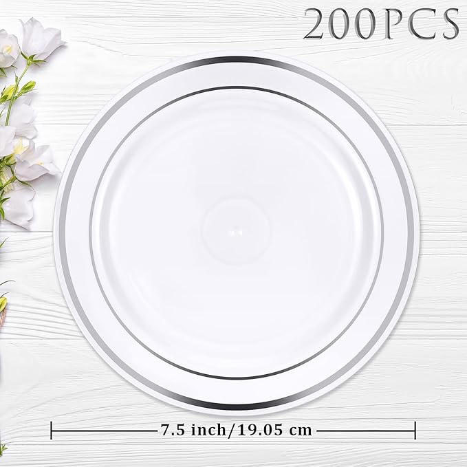 Sieral 200 Pieces Disposable Plates Plastic Party Plates with Rim Hard Plastic Appetizer Salad Dessert 7.5 Inch Elegant Heavy Duty Tableware for Dinner Wedding Party Supplies(Silver Rim)