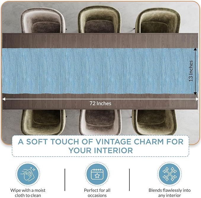 Perilla Home Sky Blue Table Runnert Vintage Boho Table Mats for Kitchen Dining Home Decor Rectangle Runner (Sky Blue 13x72)