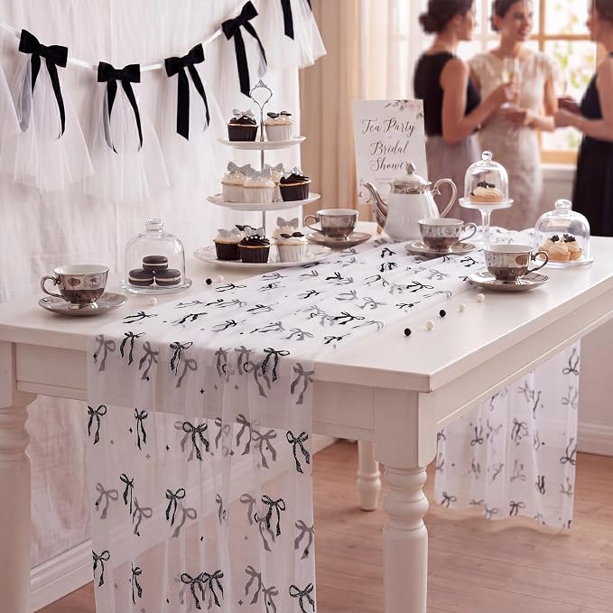 4 Pcs Black Bow Table Runners 29 x 70 Inch White Tulle Lace Table Runner - Image 6