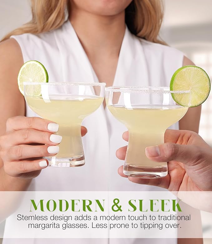 LUNA & MANTHA Martini Glasses Set of 4, 10oz Stemless Margarita Glasses, Modern Hand-blown Margarita Glass for Daiquiri, Frozen Cocktails, Dessert, Daily Use, Home Bar, Birthdays Gift, Crystal Clear