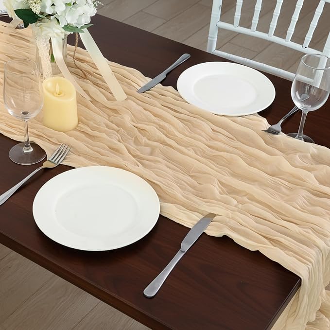 8 Pack Sand Cheesecloth Table Runner 120 Inch Boho Wedding Decor | Cheesecloth - Image 7