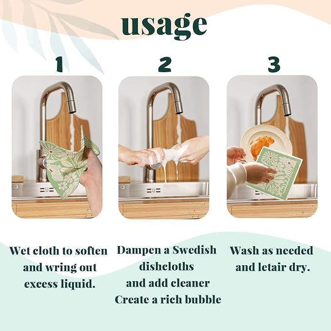 Spring Flower Swedish Dishcloths for Kitchen, Boho Sage Green Swedish Dish Cleaning Cloths for Floral, 4 Pack Dish Towels for Kitchen, Papaya Reusable Paper Towels Washable