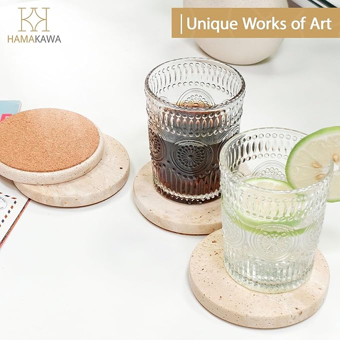 Real Natural Travertine Coasters Set of 4, Round Beige Marble Stone 4 inch, Modern Drink Coasters for Home Decor, Coffee Table, Office