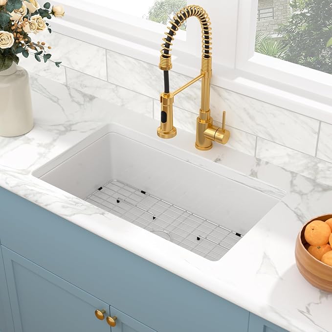 Sarlai 30 Inch White Undermount Sink Fireclay 30x18 Inch White Kitchen Sink Dual Drop in & Undermount Kitchen Sinks Single Bowl Deep Porcelain Ceramic Basin