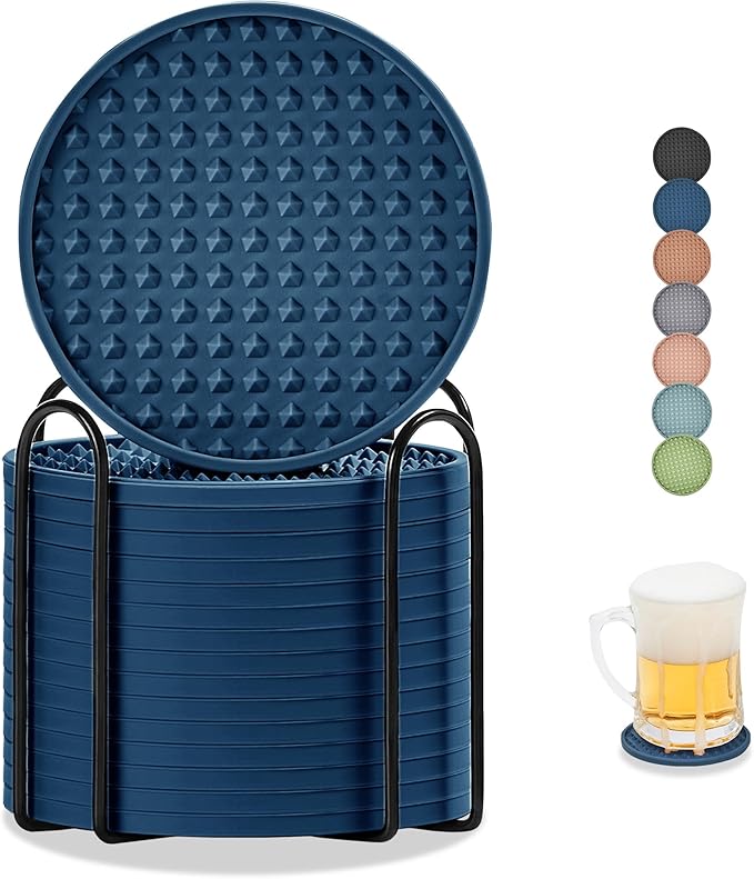 Coasters for Drinks, Silicone Coasters Set of 16 with Metal Holder, Outdoor Coaster for Coffee Table, Non-Slip Rubber Table Cup Mat Desk, Heat Resistant & Scratch-Proof (Navy Blue)