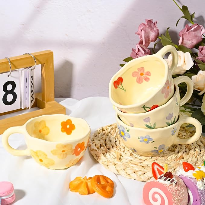 Ceramic Coffee Mug Vintage Flower Mugs 8 oz Cute Floral Coffee Mugs Irregular - Image 2