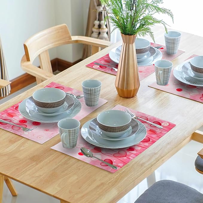 Giwawa Valentines Day Placemats Set of 4 12x18 Inch Red Love Hearts Flower Floral Decorative Place Mat Linen Heat Resistant Washable Table Mats for Kitchen Dining Holiday Wedding Anniversary