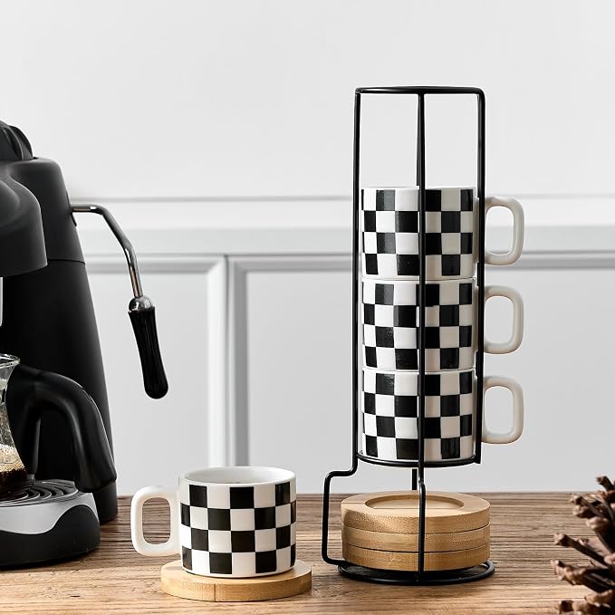 LUKA Porcelain Stackable Black and White Checkered Espresso Cups - Image 7