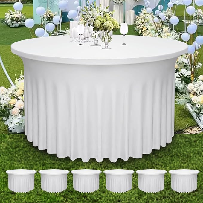 6 Pack 48" Diameter x 30" Height White Table Skirt | Fits 4FT Round Tables |Polyester Spandex Round Table Cloths with Skirt|Stain 、Wrinkle Resistant、 for Wedding,Party,Dining,Banquet