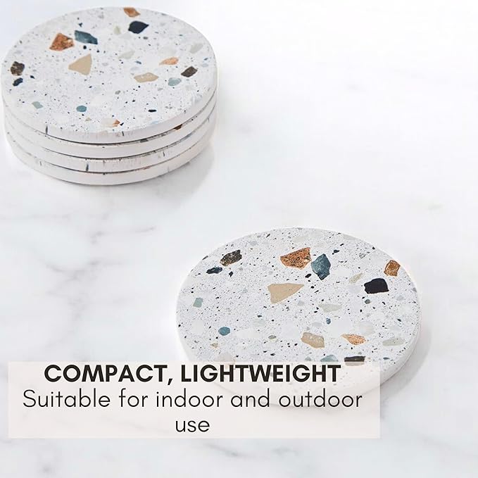 Terrazzo Coasters Set of 6, Ceramic Absorbent Drink Coasters, Cute Moisture Absorbing Coaster, Coffee Table Desk Decor, Colorful Stone Coaster for Drinks (Granite with Black Holder)