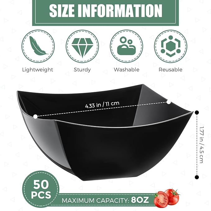 Tanlade 50 Pcs Square Plastic Serving Bowls Disposable Snack Salad Bowl Small Party Candy Bar Containers Taco Bar Serving Dishes for Buffet Chips Fruit(Black,8 oz)