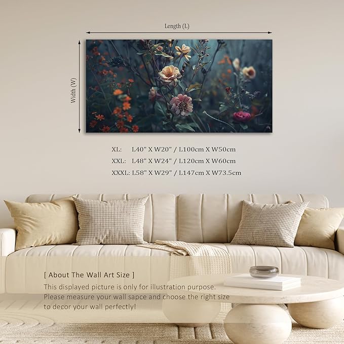 ADJUVANT Wall Art Impressionist Floral 60"L x 30"W, Dark Toned Blossoms With Lush Foliage Canvas Painting Enchanting Flowers Artwork Prints Floral Wall Decor for Living Room Bedroom Study Home Office