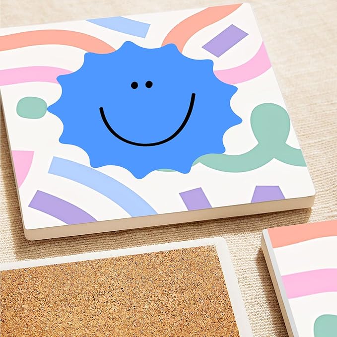 MAYCARI Cartoon Funny Grimace Face Coasters Set of 6 Cork Backed Cute Coasters with Metal Holder Original Ceramic Surface Drink Cup Mats for Tabletop Protection Modern Desk Decoration Birthday Gifts