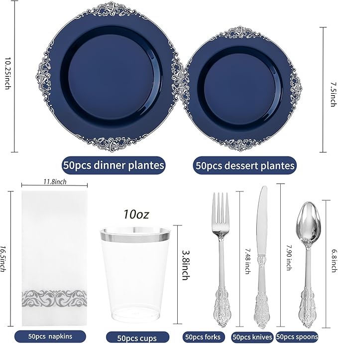 Hioasis 350pcs Blue and Silver Plates - Blue Party Plates for 50 Guest, Include 100 Heavy-duty Plates(20% Thicker Than Standard), 150 Cutlery Set, 50 Napkin, 50 Cups