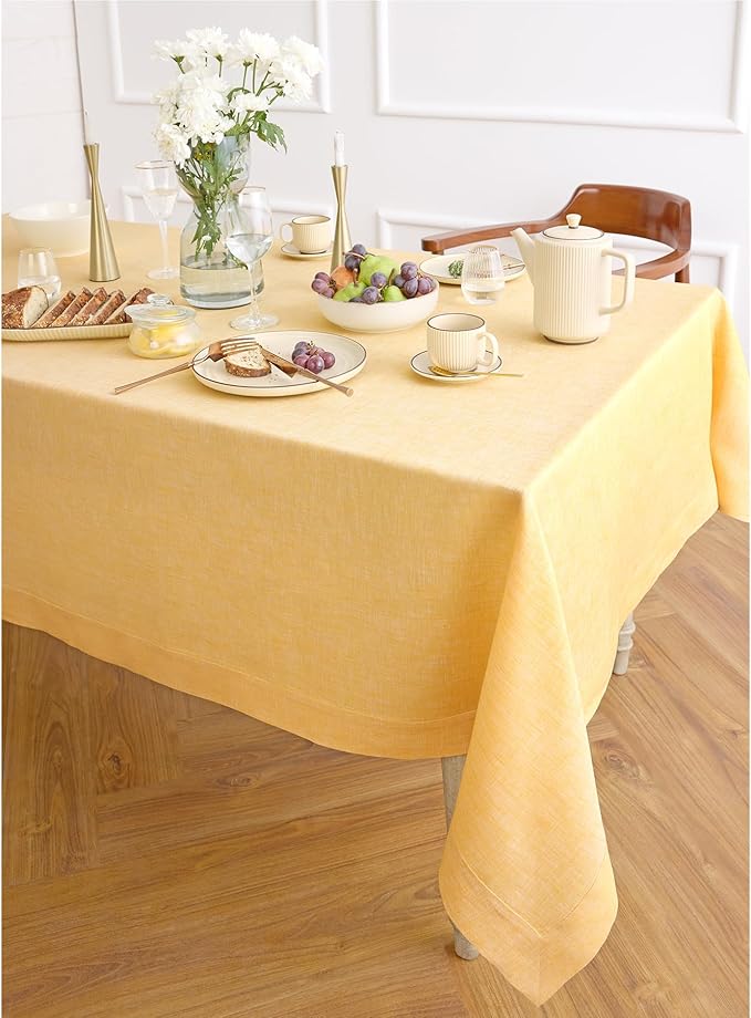 Solino Home Linen Tablecloth 60 x 120 Inch - 100% Pure Linen Chambray Mustard Yellow Table Cloth for Rectangular Tables - Athena, Machine Washable Cloth Tablecloth for Spring, Easter
