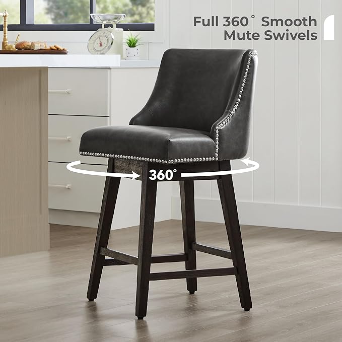 CHITA Counter Height Swivel Bar Stools Set of 2, FSC Certified Upholstered Counter Stools, Modern Swivel Barstools with Wood Legs for Kitchen Island, 26" Seat Height, Faux Leather in Retro Grey