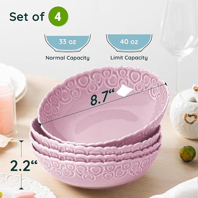 HOMBENE Heartbeat Pasta Bowls Set of 4, 40oz, Porcelain Wide and Shallow, Soup, Pasta, Noodle, Dinner, Large Salad Bowls Soup Bowl for Kitchen, Microwave & Dishwasher Safe (Dreamy Sakura Pink)