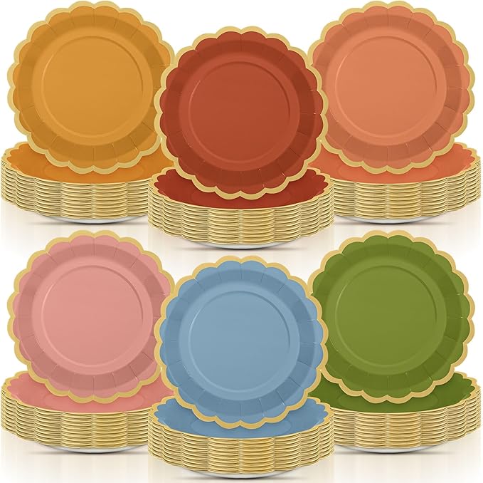 96 Pcs Fall Wildflower Color Paper Plates 9 Inch Colorful Boho Scalloped Paper Disposable Dinner Dessert Plates for Autumn Thanksgiving Birthday Wedding Bridal Party Supplies, 6 Colors