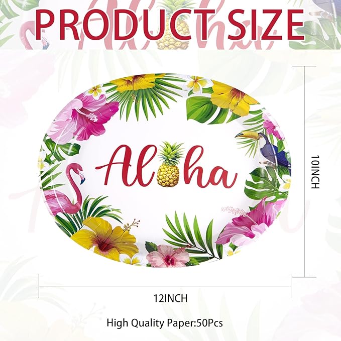 50Pcs Hawaiian Luau Oval Paper Plates 10" X 12" Disposable Tropical Aloha Party Supplies Heavy Duty Hawaiian Hibiscus Floral Luau Party Plate for Tropical Holiday Beach Birthday Party Decoration